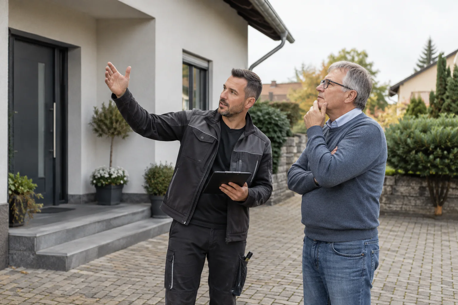Metalltechniker spricht mit Hauseigentümer über dessen Wohnhaus